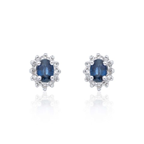 9ct White Gold 0.10ct Diamond and Sapphire Halo Earrings