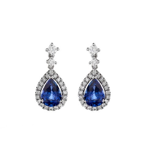 18ct White Gold Sapphire and Diamond Drop Cluster Earrings