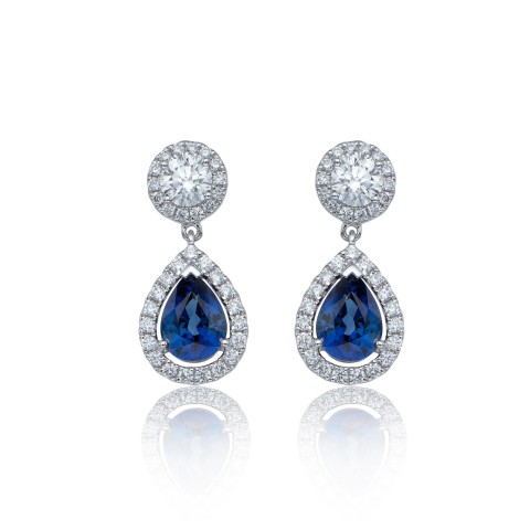 18ct White Gold Pear Cut Sapphire 2.75ct Diamond Halo Drop Earrings