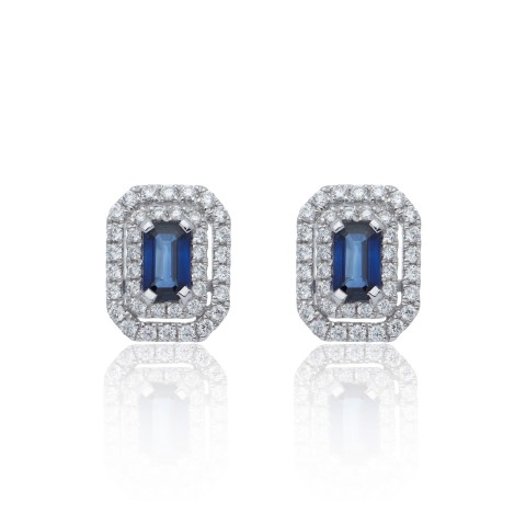 18ct White Gold Emerald Cut Sapphire 1.09ct Diamond Double Halo Earrings