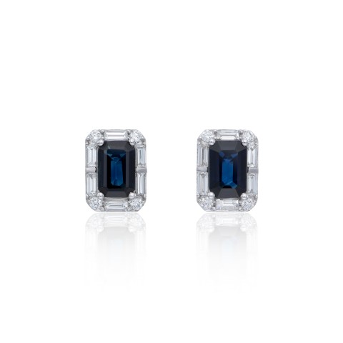 18ct White Gold Brilliant And Baguette Cut Diamond And Sapphire 0.40ct and 1.30ct Stud Earrings