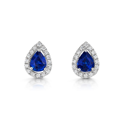 18ct White Gold Pear Cut 0.22ct Sapphire And 1.19ct Diamond Halo Earrings