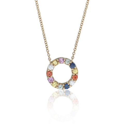 9ct Yellow Gold Brilliant Cut Rainbow Sapphire and Diamond 0.37ct Circle Necklace