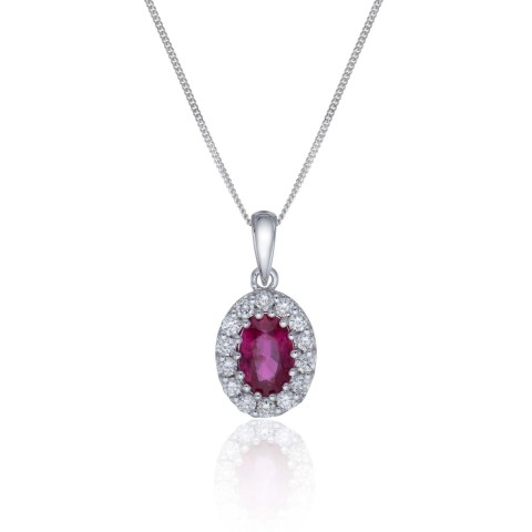 9ct White Gold 0.15ct Ruby and Diamond Halo Pendant