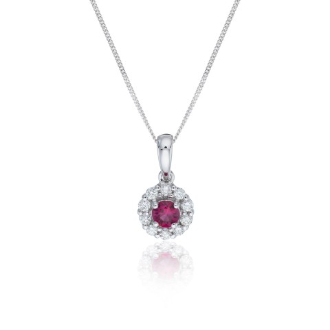 9ct White Gold Diamond 0.10ct and Ruby Halo Pendant