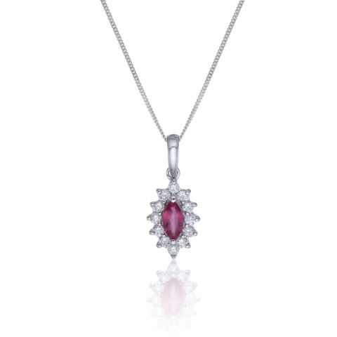 9ct White Gold Diamond 0.12ct and Ruby Halo Pendant