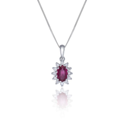 9ct White Gold Diamond 0.15ct and Ruby Halo Pendant