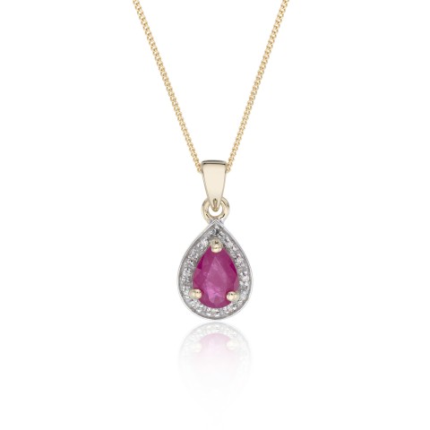 9ct Yellow Gold Pear Cut Ruby and 0.04ct Diamond Halo Pendant
