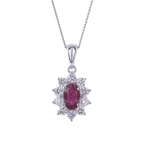 18ct White Gold 0.55ct Oval Ruby and 0.35ct Diamond Pendant