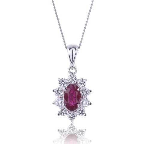 18ct White Gold 0.55ct Oval Ruby and 0.35ct Diamond Pendant