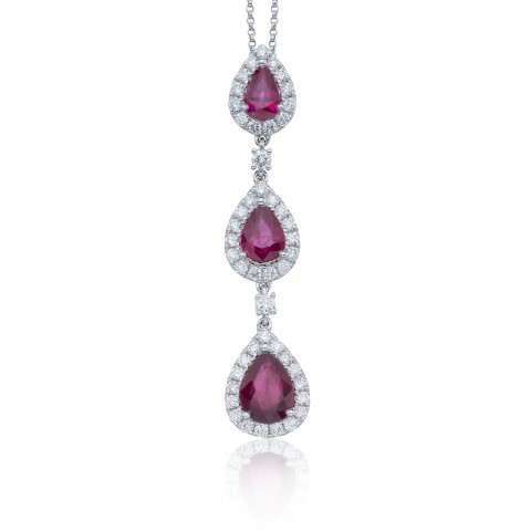 18ct white gold ruby 1.74ct and diamond 0.75ct triple drop pendant