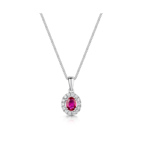 18ct White Gold 0.38ct Diamond And 0.17ct Ruby Oval Halo Pendant