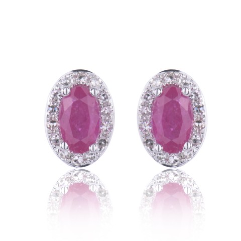 9ct White Gold Oval Cut 0.70ct Ruby and 0.10ct Diamond Earrings