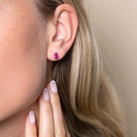9ct White Gold Pear Cut Ruby Rub Over Earrings