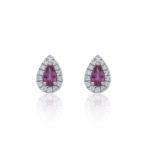 9ct White Gold Diamond 0.18ct and Ruby Halo Earrings 