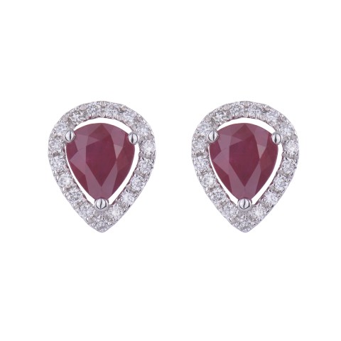18ct white gold pear shaped ruby and diamond halo earrings