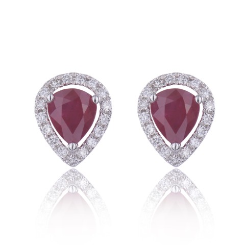 18ct white gold pear shaped ruby and diamond halo earrings