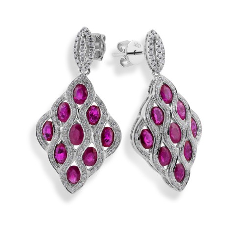 18ct White Gold Ruby and Diamond Cluster Drop Earrings