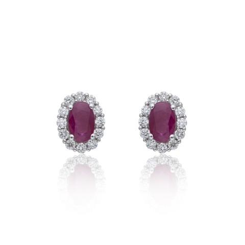 18ct White Gold Oval Cut Ruby 1.57ct Diamond Halo Stud Earrings