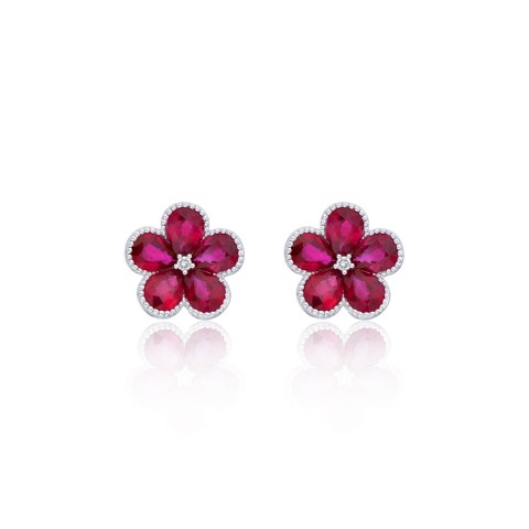 18ct White Gold Pear Cut 0.84ct Ruby and 0.01ct Diamond Flower Earrings