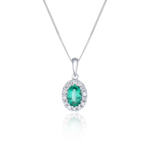 9ct White Gold Diamond 0.15ct and Emerald Halo Pendant