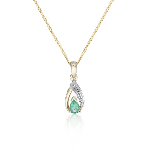 9ct yellow gold pear shape emerald 3 claw and 0.003ct round brilliant diamond loop pendant