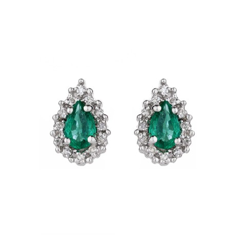 9ct White Gold Pear Cut Emerald 0.39ct Diamond Halo Earrings