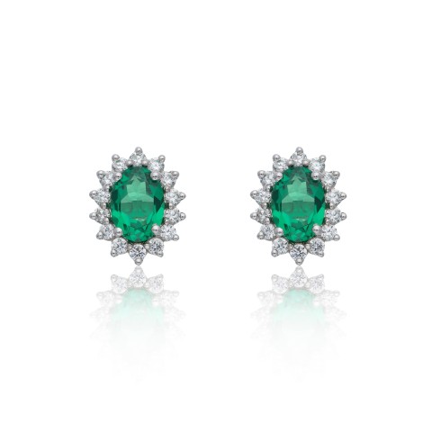 18ct White Gold Oval Cut Emerald 1.90ct Diamond Traditional Halo Stud Earrings