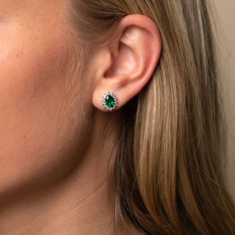 18ct White Gold Oval Cut Emerald 1.90ct Diamond Traditional Halo Stud Earrings