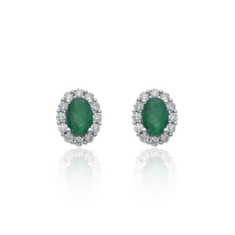 18ct White Gold Oval Cut Emerald 1.27ct Diamond Halo Stud Earrings