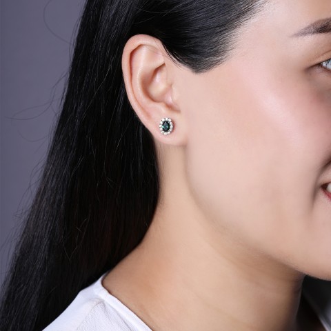 18ct White Gold Oval Cut Emerald 1.27ct Diamond Halo Stud Earrings
