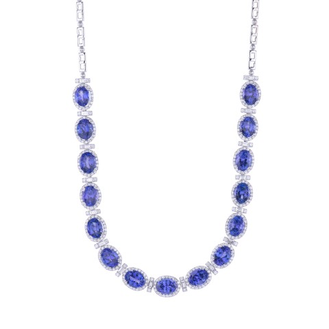 18ct white gold oval cut tanzanite 33.20ct and round brilliant and baguette cut diamond set 4.96ct necklet