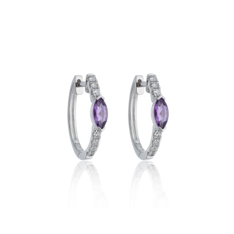 9ct White Gold Marquise Cut 0.20ct Diamond and Amethyst Hoop Earrings