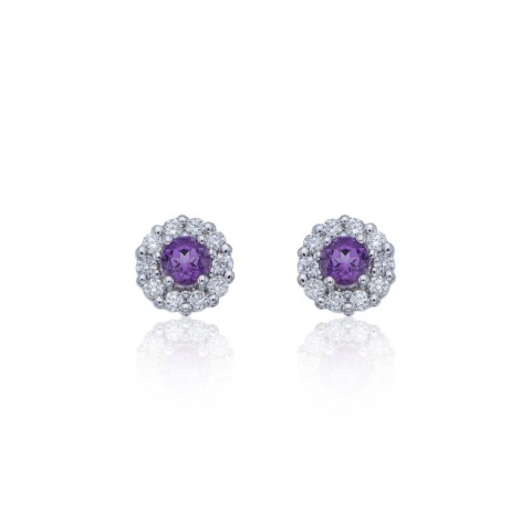 9ct White Gold Diamond 0.17ct and Amethyst Halo Earrings