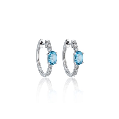 9ct White Gold Oval Cut 0.20ct Diamond and Blue Topaz Hoop Earrings
