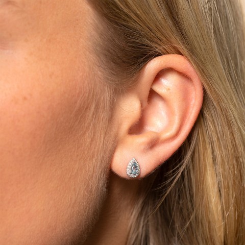 9ct White Gold Diamond 0.18ct and Aquamarine Halo Earrings