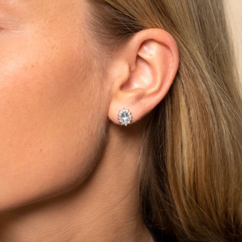 9ct white gold diamond 0.43ct and aquamarine 6x4mm halo earrings 