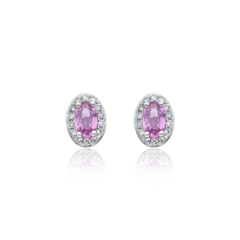 9ct White Gold Oval Cut Pink Sapphire 0.80ct Diamond Halo Stud Earrings