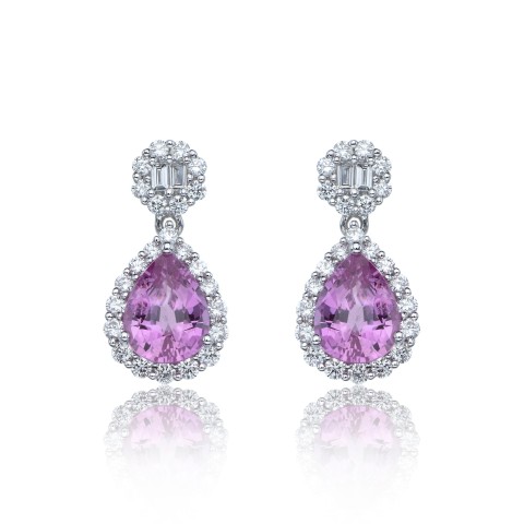 18ct white gold 2.50ct pink sapphire and diamond 0.78ct halo drop earrings