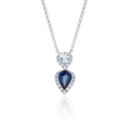 9ct White Gold Pear Cut 0.64ct Sapphire Aquamarine and 0.09ct Diamond Pendant Necklace