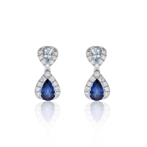 9ct White Gold Pear Cut Sapphire Aquamarine 0.48ct and 0.16ct Diamond Drop Earrings