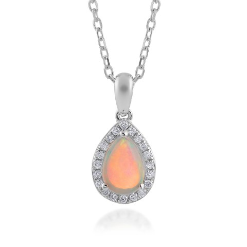 9ct White Gold 0.60ct Pear Cut Opal and Diamond Pendant