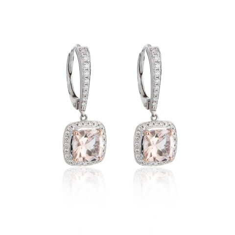 18ct White Gold Diamond 0.24ct and Morganite 1.71ct Halo Earrings