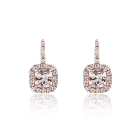 9ct Rose Gold Round Brilliant Diamond 0.35ct & Cushion Cut Morganite Halo Cluster Drop Earrings