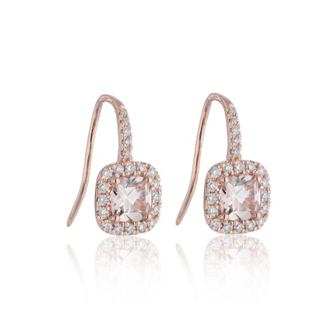 9ct Rose Gold Round Brilliant Diamond 0.35ct & Cushion Cut Morganite Halo Cluster Drop Earrings