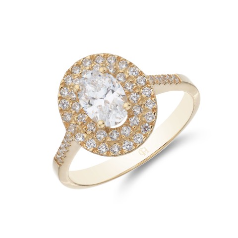 9ct Yellow Gold Oval Cut Cubic Zirconia Double Halo Solitaire Ring