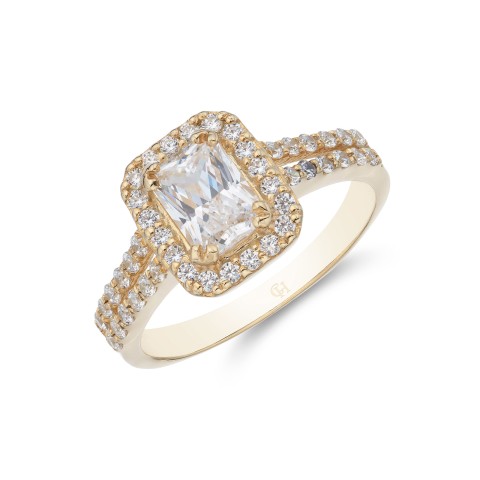 9ct Yellow Gold Cubic Zirconia Emerald Cut Halo Solitaire Ring