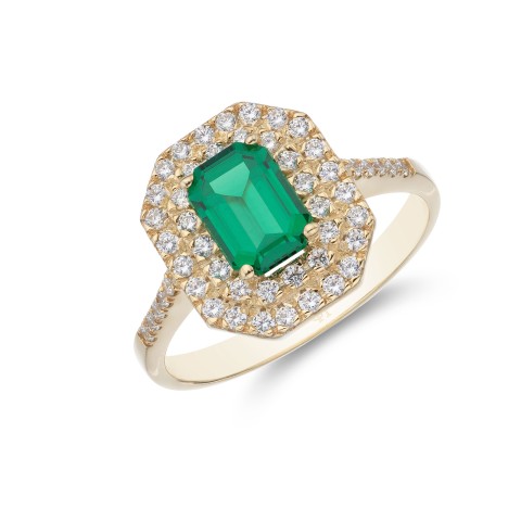 9ct Yellow Gold Emerald Cut Coloured Cubic Zirconia Double Halo Solitaire Ring