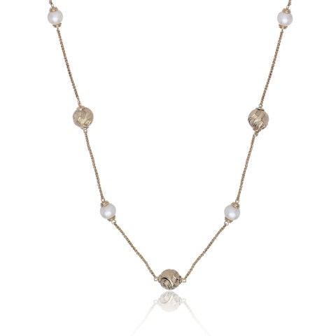 14ct Yellow Plated Silver Pearl and Textured Ball Necklace