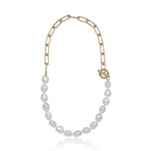 Yellow Gold Plated 10-11mm Pearl Link T-Bar Necklace